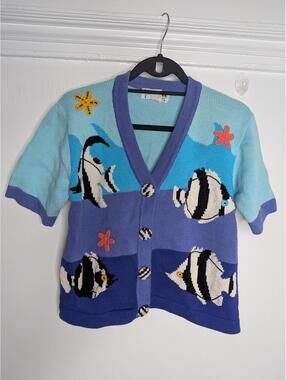 Jack B Quick Sweater Cardigan Womens Small Multicolor Fish Nautical Sequin